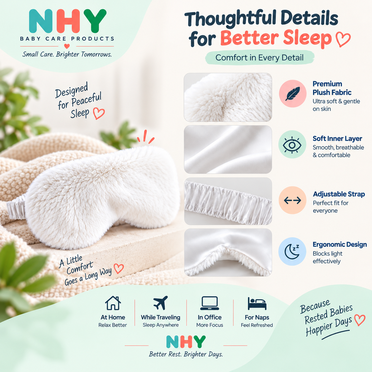 Premium Plush Sleep Eye Mask – Soft Sleeping Mask with Adjustable Strap for Travel, Home & Office | NHY