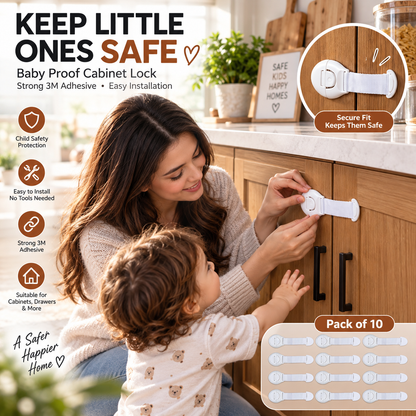 Child Safety Cabinet Locks Pack of 10 | Baby Proof Cabinet & Drawer Strap Locks | Strong 3M Adhesive | No Drilling Safety Locks for Kids