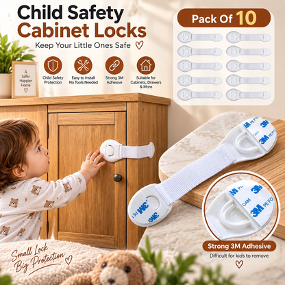 Child Safety Cabinet Locks Pack of 10 | Baby Proof Cabinet & Drawer Strap Locks | Strong 3M Adhesive | No Drilling Safety Locks for Kids